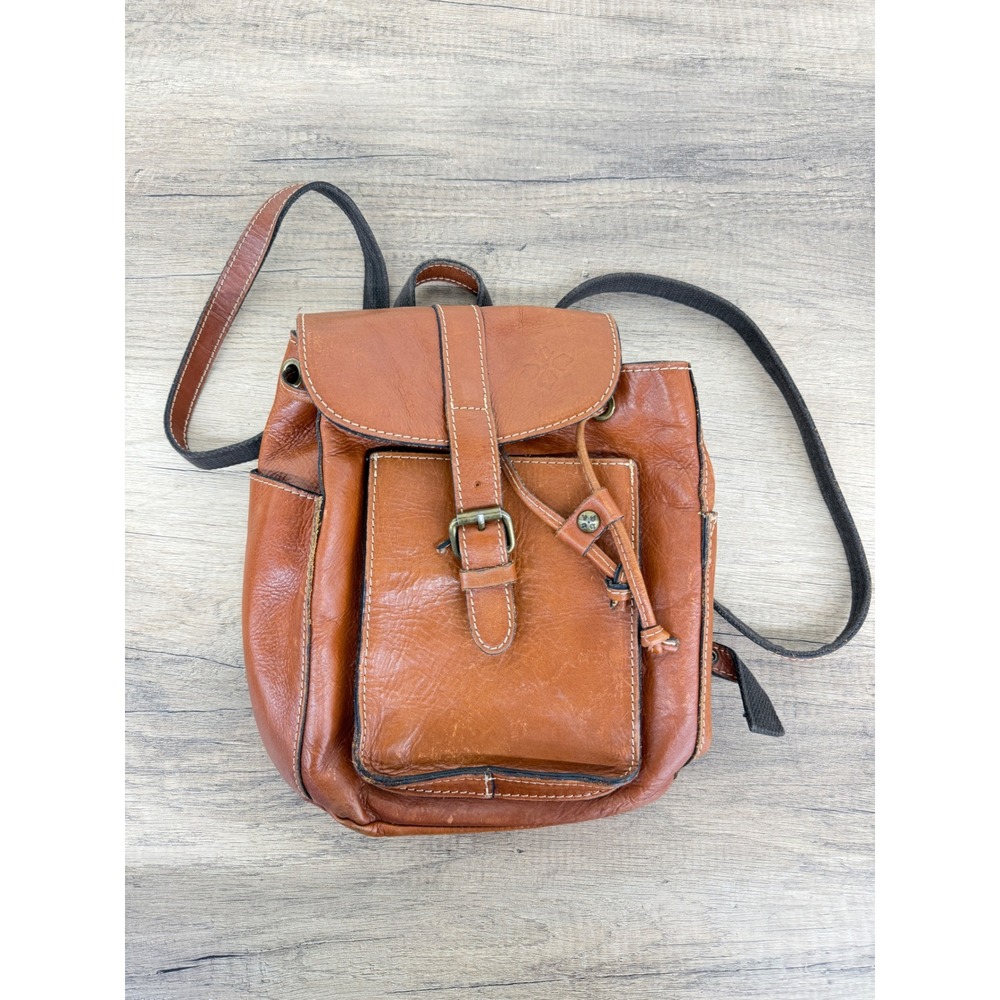 Vintage Patricia Nash Cognac Leather Mini Backpack Drawstring Buckle Brown